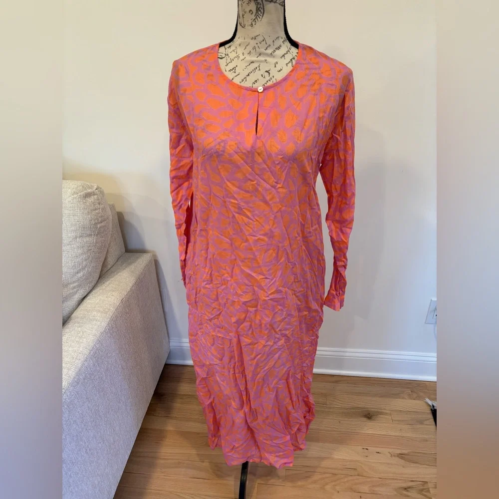SEE DESIGN long-sleeved midi dress with an orange and pink abstract pattern sz M